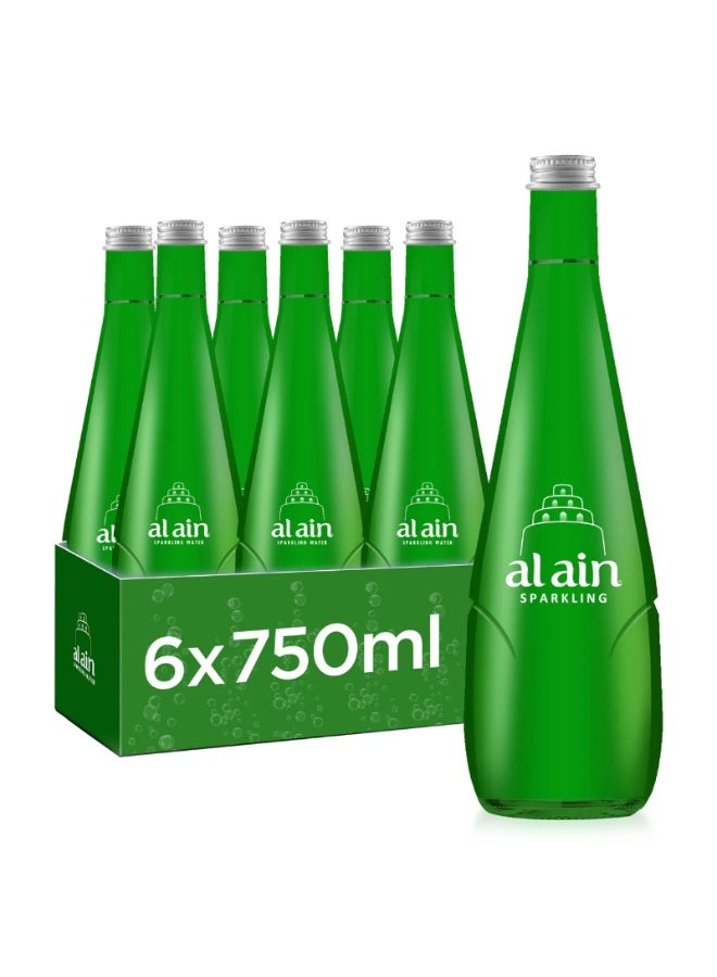 Al Ain Sparkling Water Glass Bottle Piece 6 x 750ml Premium Natural Mineral Water, Refreshing Sparkle, Hydrating Beverage